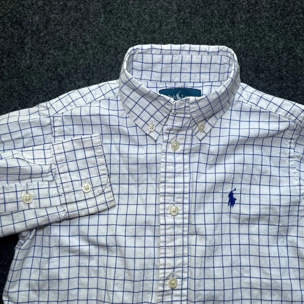 Ralph Lauren Button Down Boys 4 Blue Excellent Windowpane Check Cotton Shirt
